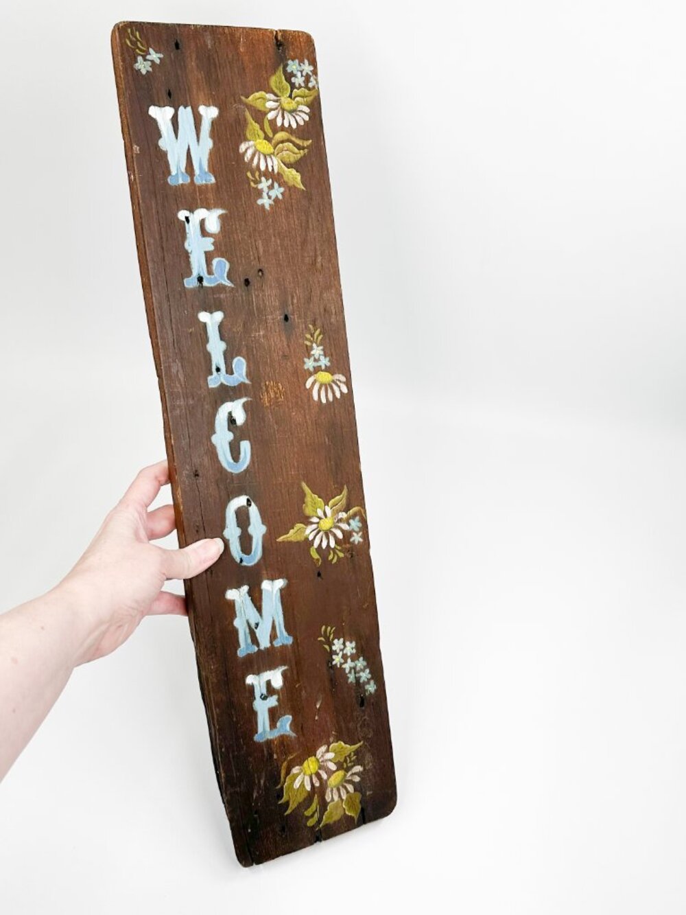 Vtg Handmade Wood Painted Welcome Sign Floral Folk Art Cottagecore Country Farm